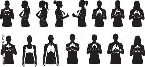 Silhouettes of women in various poses and outfits standing