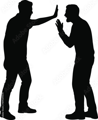 Silhouette of two men in conflict gesture isolated on white background, black illustration showing argument, disagreement, communication problem and social interaction concept