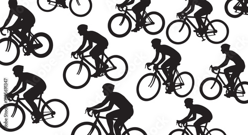 Silhouettes of cyclists riding bicycles in a seamless pattern