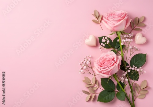Soft pink roses and hearts on a pastel background