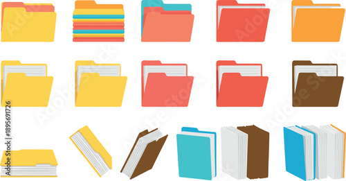 Colorful File Folder and Document Stack Set for Office Organization Flat Vector Illustration