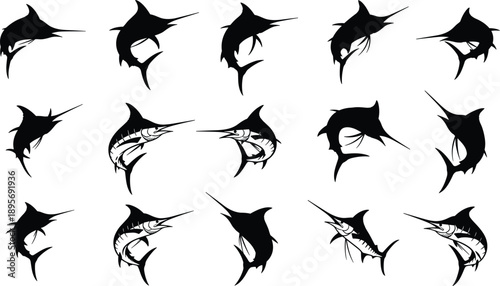 Blue marlin fish silhouettes set isolated on white background, jumping swordfish sailfish vector icons for sea fishing tournament logos and ocean design.