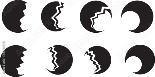 Black and white moon phases with cracked silhouettes icons