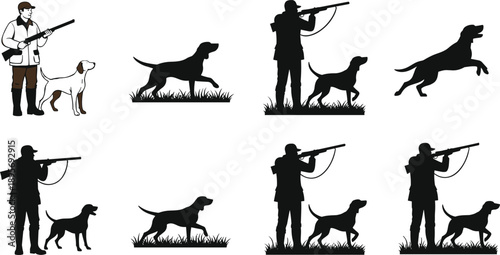 Detailed Black Silhouettes of Hunters with Shotguns and Their Loyal Pointer Dogs in Various Poses for Hunting Season Nature and Wildlife Graphic Designs,