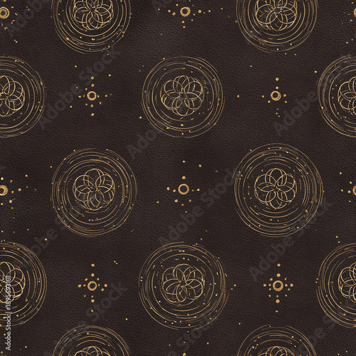 a repeating pattern of golden sacred geometry on a dark brown background, with circular shapes featuring a flower petal design inside the circles.