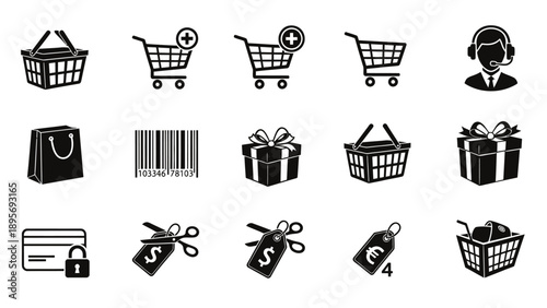 Collection of shopping carts and retail icons in a vector style for graphic resources.