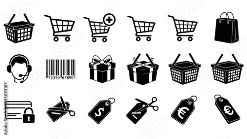 Collection of Shopping and Retail Icons Including Carts, Bags, Tags, Gifts, and Related Symbols.