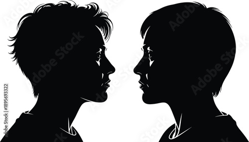 Two people profile silhouettes facing each other, side view heads of young man and woman, relationship concept, vector art isolated on white background