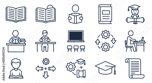 Collection of education and learning themed line icons.