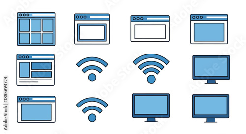 Collection of web browser windows, Wi-Fi symbols, and computer monitors.