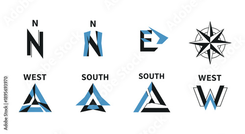 Set of eight unique compass rose and directional letter designs for navigation and travel.