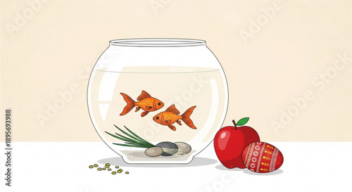 Two orange goldfish swim in a clear fishbowl with green plants and small rocks next to a red apple and assorted seeds on a white surface