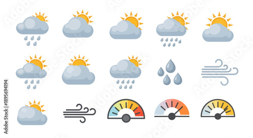 Weather forecast icons set with sun, clouds, rain, wind, and temperature gauges.