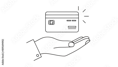 Minimal line drawing of a hand presenting a credit card for payment.