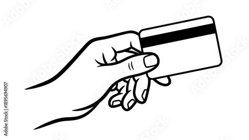 Minimal line drawing of a hand holding a card for payment transaction in commerce context.