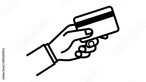 Illustration of a hand holding a card for payment transaction in a simple line drawing style.