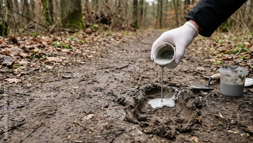 Wallpaper Mural Hand Pouring Material to Capture Footprint Impression in Outdoor Muddy Setting Torontodigital.ca