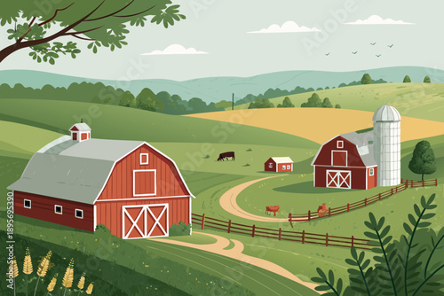 Featuring Rural Farm Scene With Barns And Farmland Stunning Premium Digital Asset