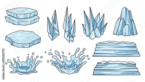 Collection of Iceberg Illustrations Showcasing Various Shapes and Forms in a Crisp White Environment from a Direct Viewpoint