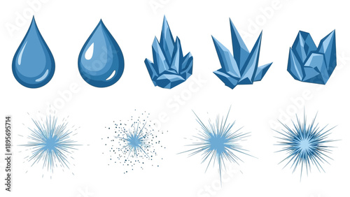 Set of blue crystal and water elements, sparkling effects, and icy shapes on a clean background viewed from directly above