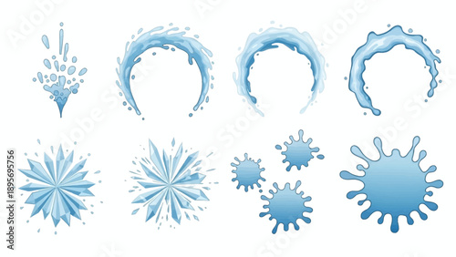 Collection of blue water splash illustrations on a clean background from various viewpoints