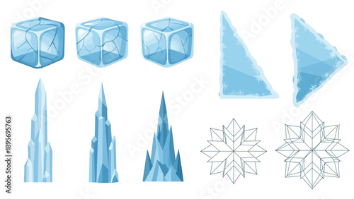 Geometric Ice Crystals and Snowflakes Illustration Set with Various Shapes and Forms