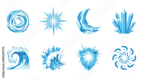 Collection of abstract blue elements including swirls, stars, and plants, arranged in a grid pattern on a clean background from a direct viewpoint