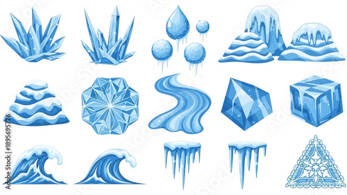 Collection of blue illustrations depicting various natural elements including ice, water, and plants from a 2D viewpoint
