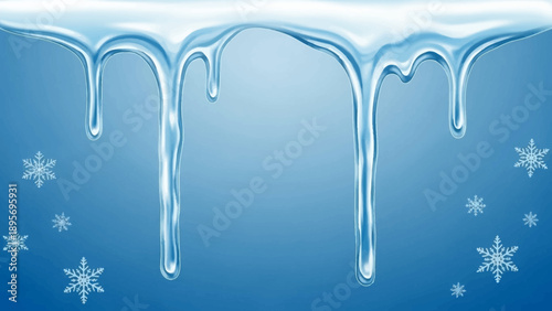 Icicles melting and dripping slowly with snowflakes falling around them in a serene blue winter scene from a straight-on viewpoint