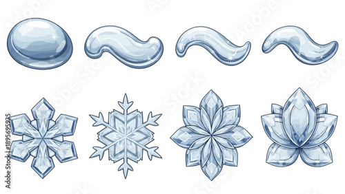 Collection of ice elements and snowflakes in various shapes and forms displayed on a clean white background
