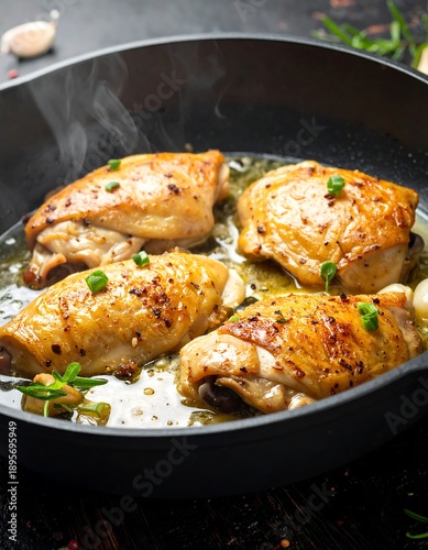 Golden-brown chicken thighs sizzling in a black pan, with herbs and garlic. Steam rises, showing a freshly cooked meal