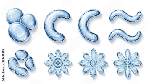 Frozen water droplets and ice crystals in various shapes and forms, illustrated in a digital artwork, viewed from directly above