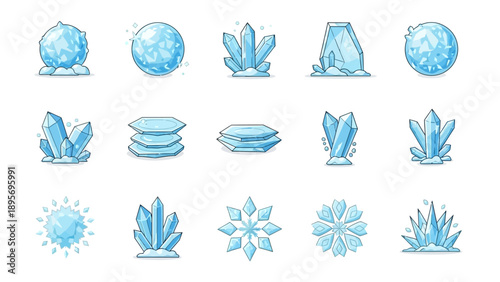 Collection of blue crystal illustrations showcasing various shapes and forms from different viewpoints