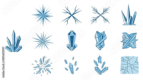 Collection of blue crystal illustrations on a white background viewed from directly above