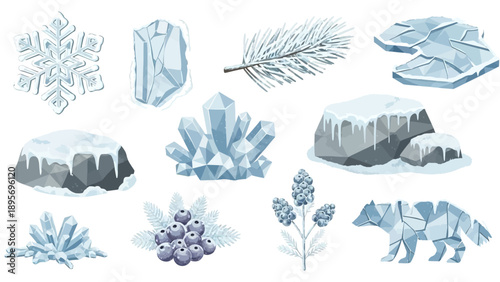 Winter landscape elements including snowflakes, crystals, and wildlife in a serene icy scene.