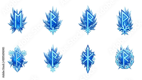 Collection of blue abstract crystal shapes displayed in a grid pattern on a clean background from a direct viewpoint