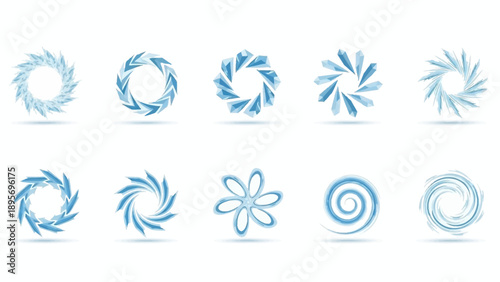 Collection of blue abstract circular and floral designs in various styles on a clean background