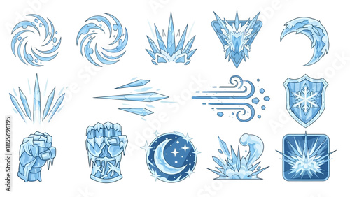 Collection of blue graphic elements featuring abstract shapes and symbols in various styles and orientations