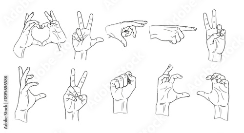 Various hand gestures and signs illustrated in simple line drawings.