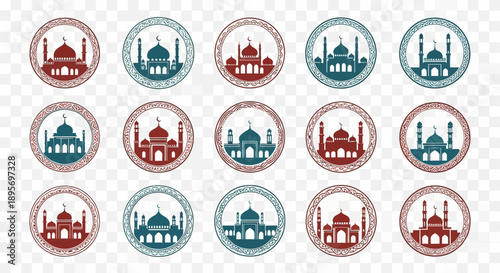 Taj Mahal Icon Set in Red Blue.
