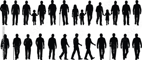 Human silhouette, people walking, aging stages, family figures, generational concept, elderly support, childhood to old age, life journey, diverse postures