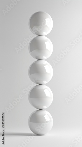 Five Glossy White Spheres Stacked Vertically on a Soft Background