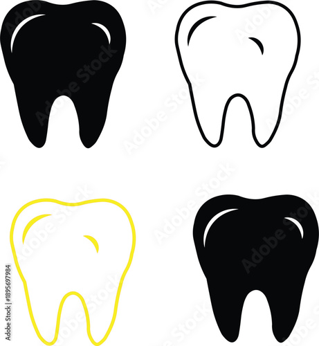 Set of four teeth icons in black, white, and yellow outline, representing dental health and variations