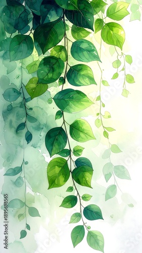 Lush green leaves hang down against a soft, watercolor-style, blurry background