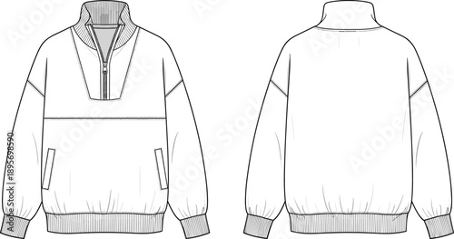 Half zip pullover jacket technical fashion flat illustration with ribbed high collar, long sleeves, front and back view