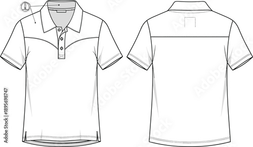 Men polo shirt technical fashion drawing with button placket collar and short sleeves front and back view illustration