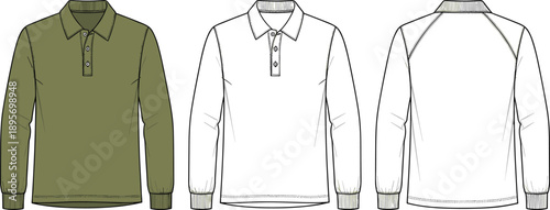 Men’s long sleeve polo shirt technical fashion illustration with collar placket, rib cuffs, clean line art, front and back views