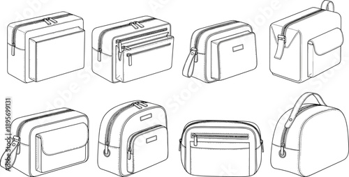 Set of cosmetic bags and toiletry cases technical line illustration collection of travel organizers isolated on white background