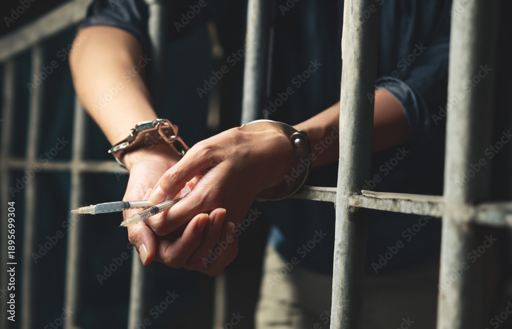 custom made wallpaper toronto digitalHandcuffs on wrist, drug syringe