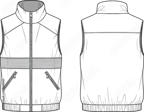 Sleeveless puffer vest technical fashion flat illustration, zip front padded waistcoat outerwear with pockets, front and back view